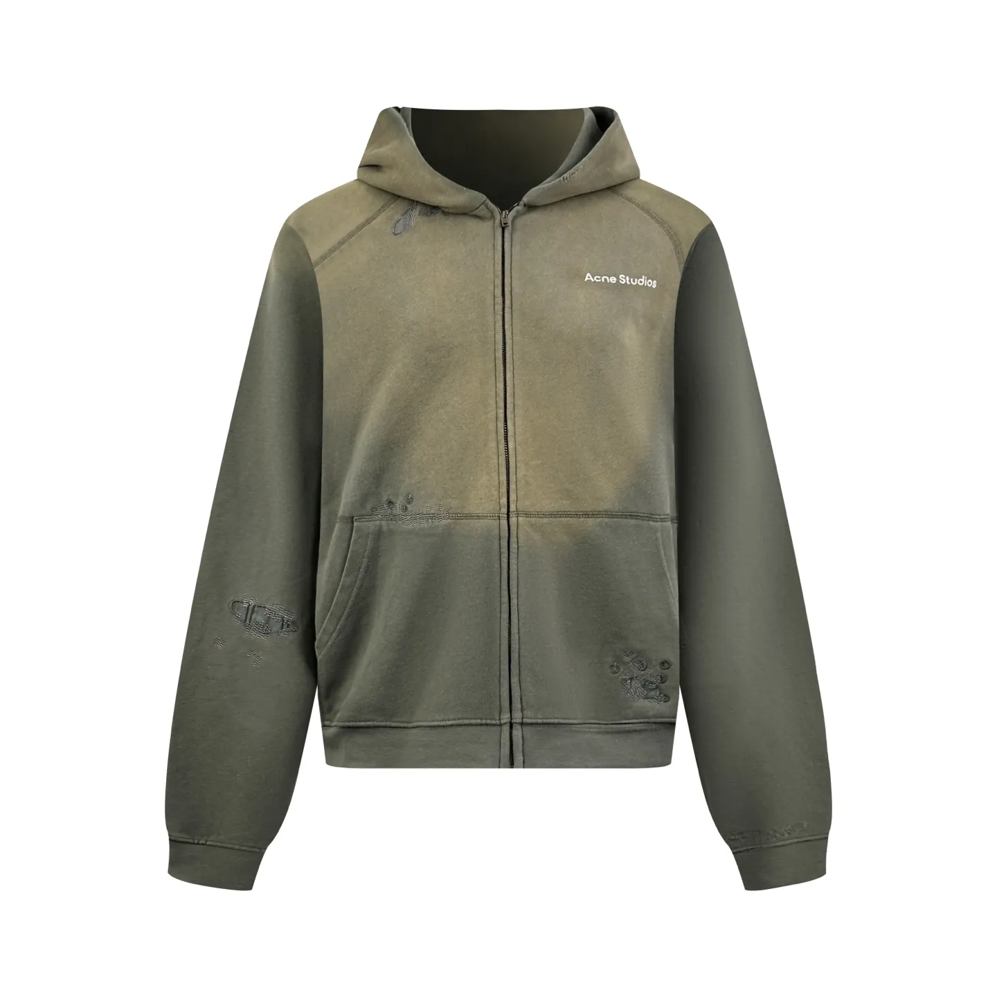 Acne Studi spray-painted distressed logo hooded jacket. Customized dusk-dyed acid-washed cloud-like fleece. Smooth drape. Soft and skin-friendly. Dressed in moss gray and green as a base. Water-washed and acid-washed soft fabric. Matte gray and green for a relaxed Retro street style. Raglan sleeves with full zipper and hooded silhouette. Acne Studios print on the left chest. Low-key and restrained without being ostentatious. Hand-made distressed repair texture in many places on the body. Retro traces simulated wear and repair, giving the garment a sense of narrative. Classic kangaroo pockets are practical and appropriate. Ribbed cuffs and hems lock the silhouette of the body. Integrate worn-out Retro aesthetics into daily life with the deconstructed ready-to-wear language. Interpret the relaxed high-end posture of the Scandinavian pioneers. Process 1: Adopt glue printing process. The chest printing has been revised three times with the film screen. Use glue liquid paint to print the pattern on the fabric. Bake the fabric to fix the printed pattern. Process 2: Use imported machine embroidery process. Use advanced computer control systems and precision mechanical components to achieve detailed patch work with high precision and smooth and delicate lines. Process 3: Gradient distressed spray process. By spraying dyes of different colors on the surface of the fabric, the clothes can show rich color changes under different lights and increase the visual layering. Process 4: Many parts of the body are worn by pure manual regular positioning and manual brush marks. Add texture and depth to the surface of the clothing to imitate the texture of natural wear. Process 5: The fabrics have been fermented and washed. Better hand feel, not easy to deform, not easy to shrink, not easy to fade, maintains long-term beauty. Accessories: Customized 1:1 Acne zipper. Customized 1:1 Acne trademark. Version: Loose version. Size: S M L XL. Style number: CC 7003.